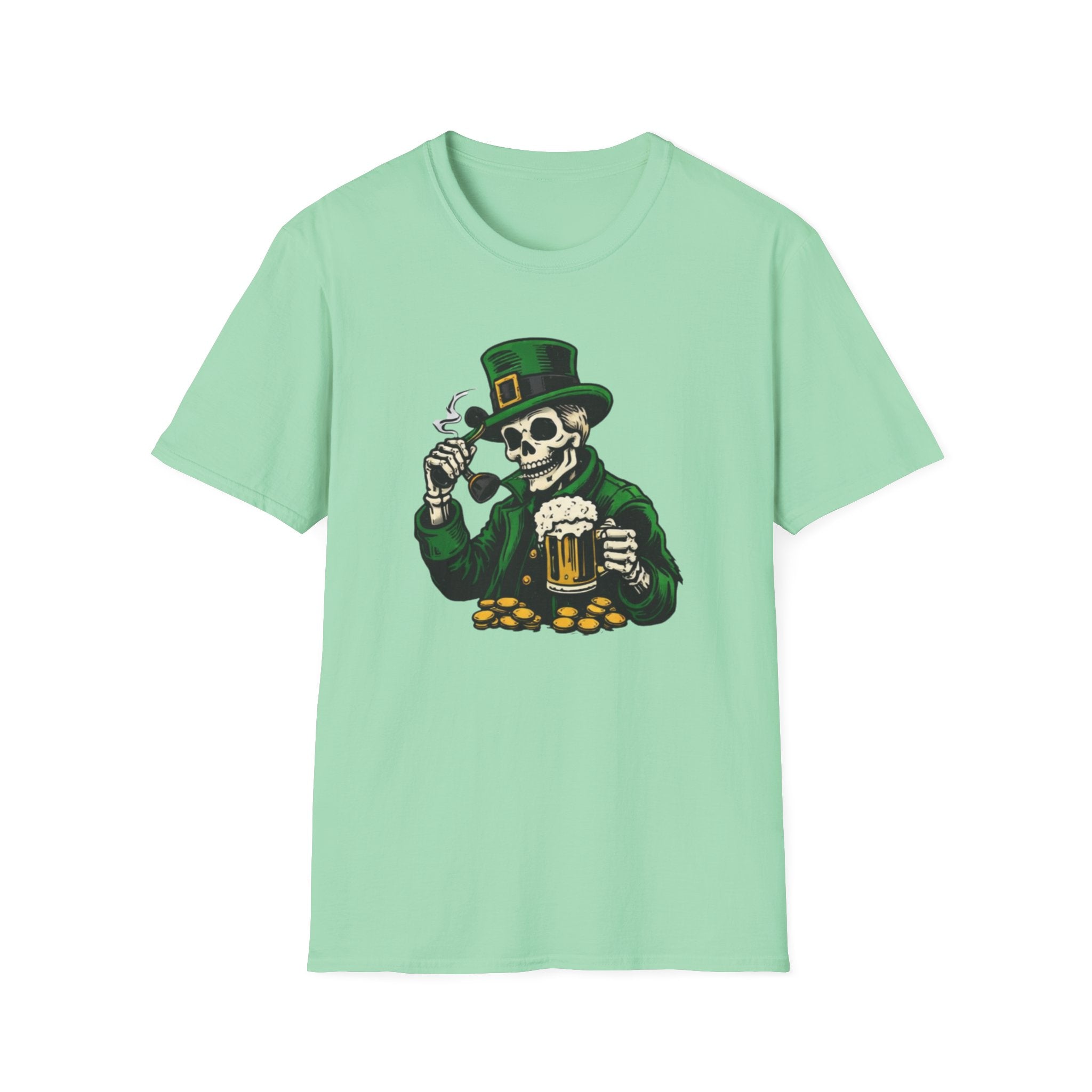 St. Patrick’s Day Skeleton Leprechaun T-Shirt — Funny Beer, Coins & Pipe Graphic Tee — Irish Skull Party Shirt