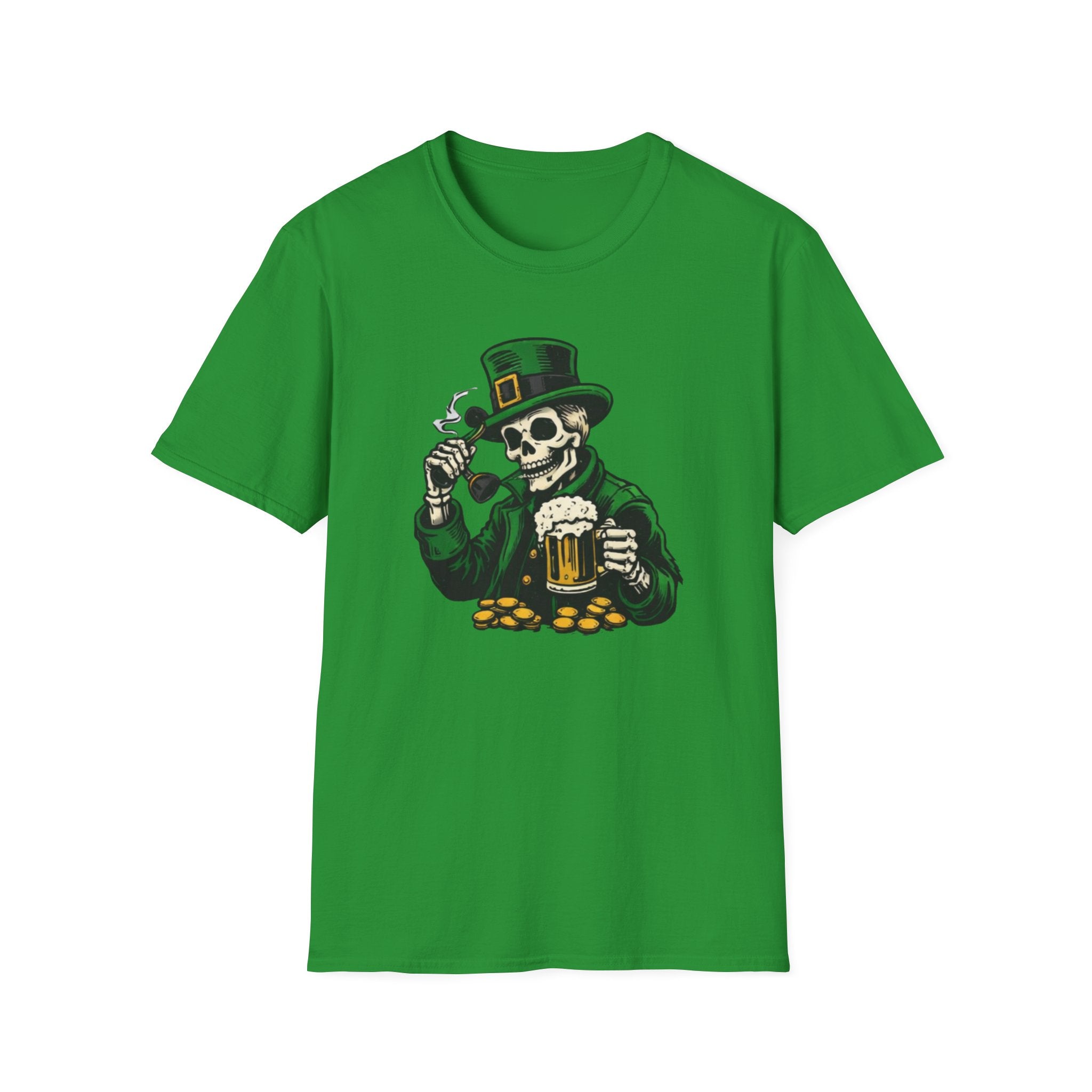 St. Patrick’s Day Skeleton Leprechaun T-Shirt — Funny Beer, Coins & Pipe Graphic Tee — Irish Skull Party Shirt