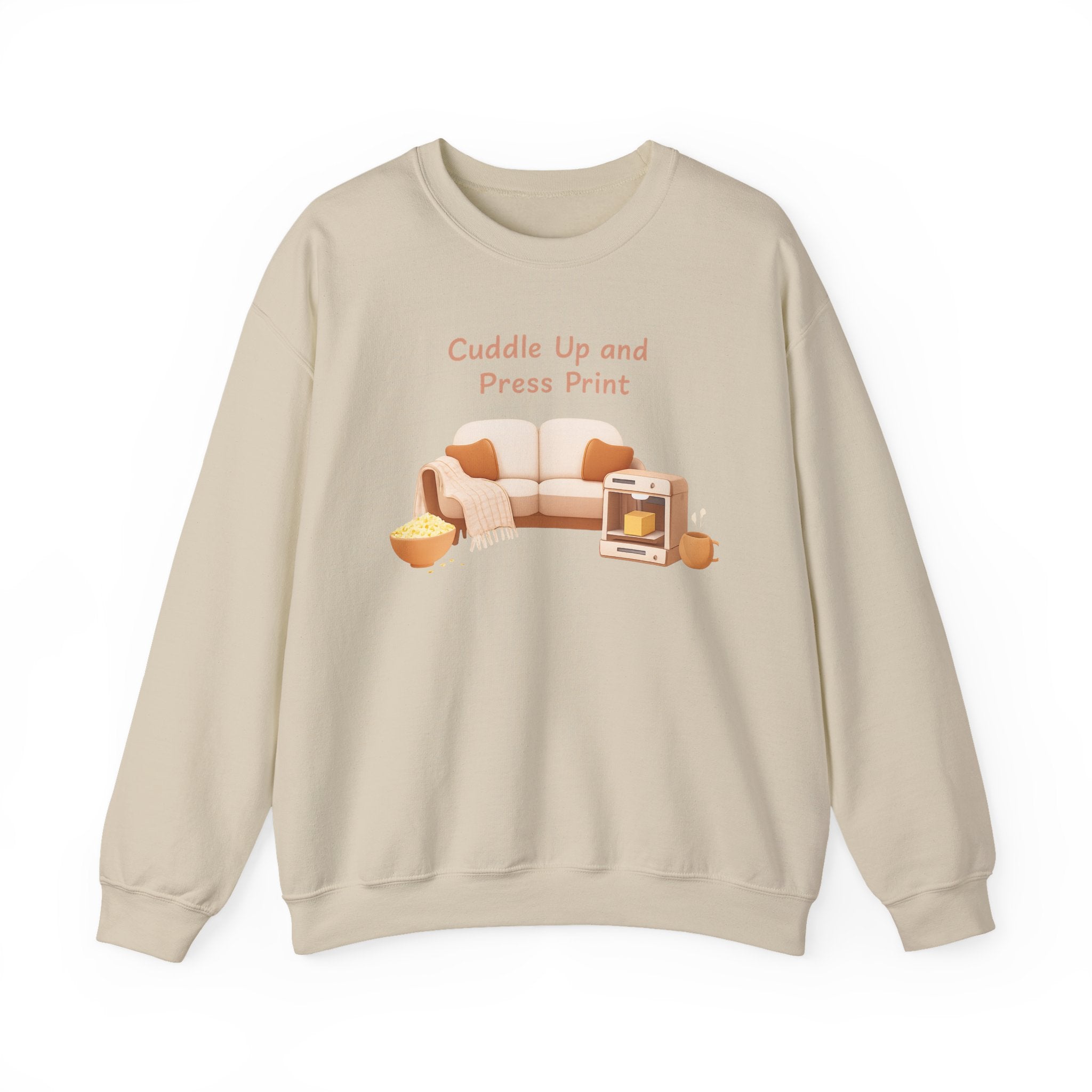 Cuddle Up and Press Print Sweatshirt | cozy night art, hygge vibes