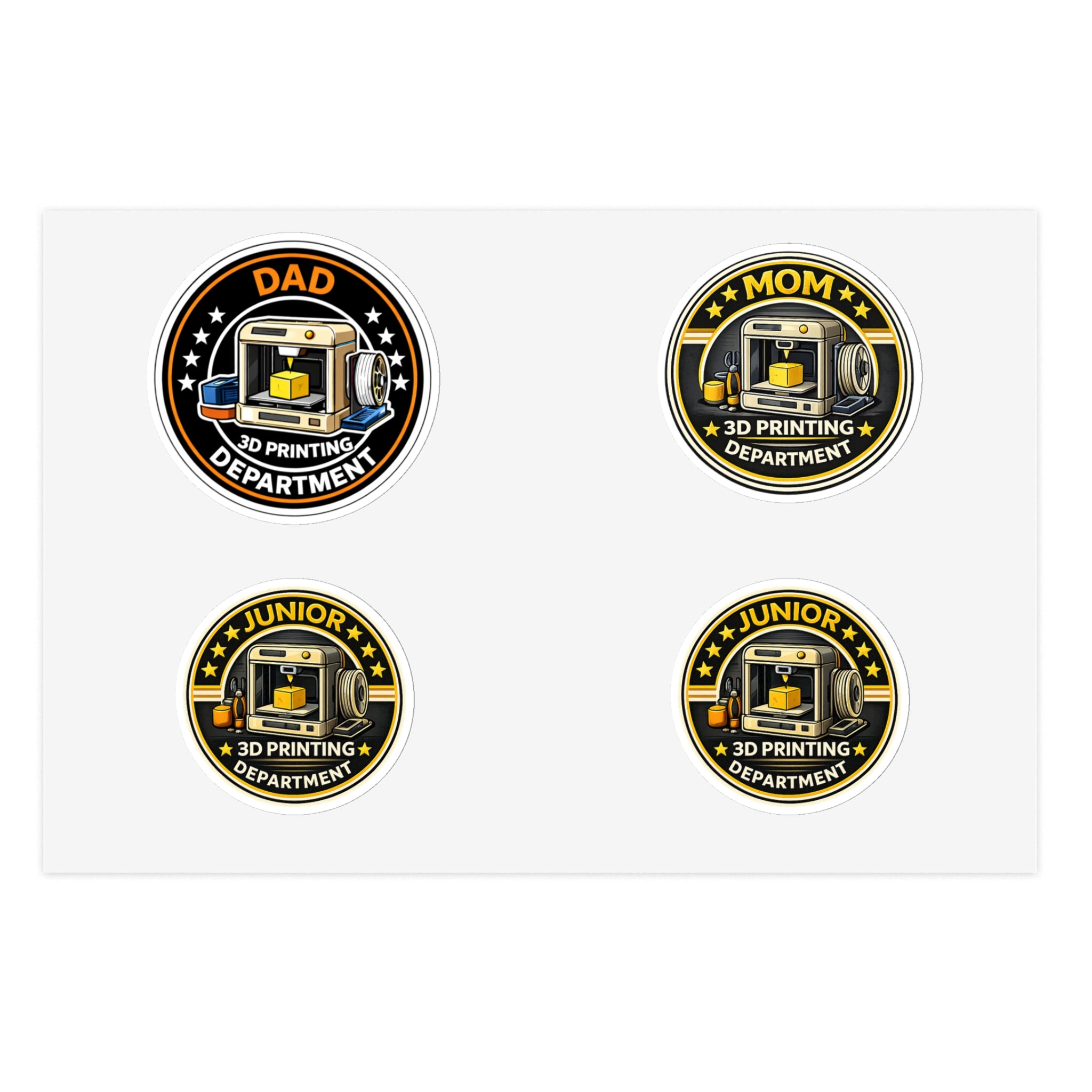 3D Printing Department Sticker Sheet, Sticker Set | Dad Mom Junior Holographic Badges