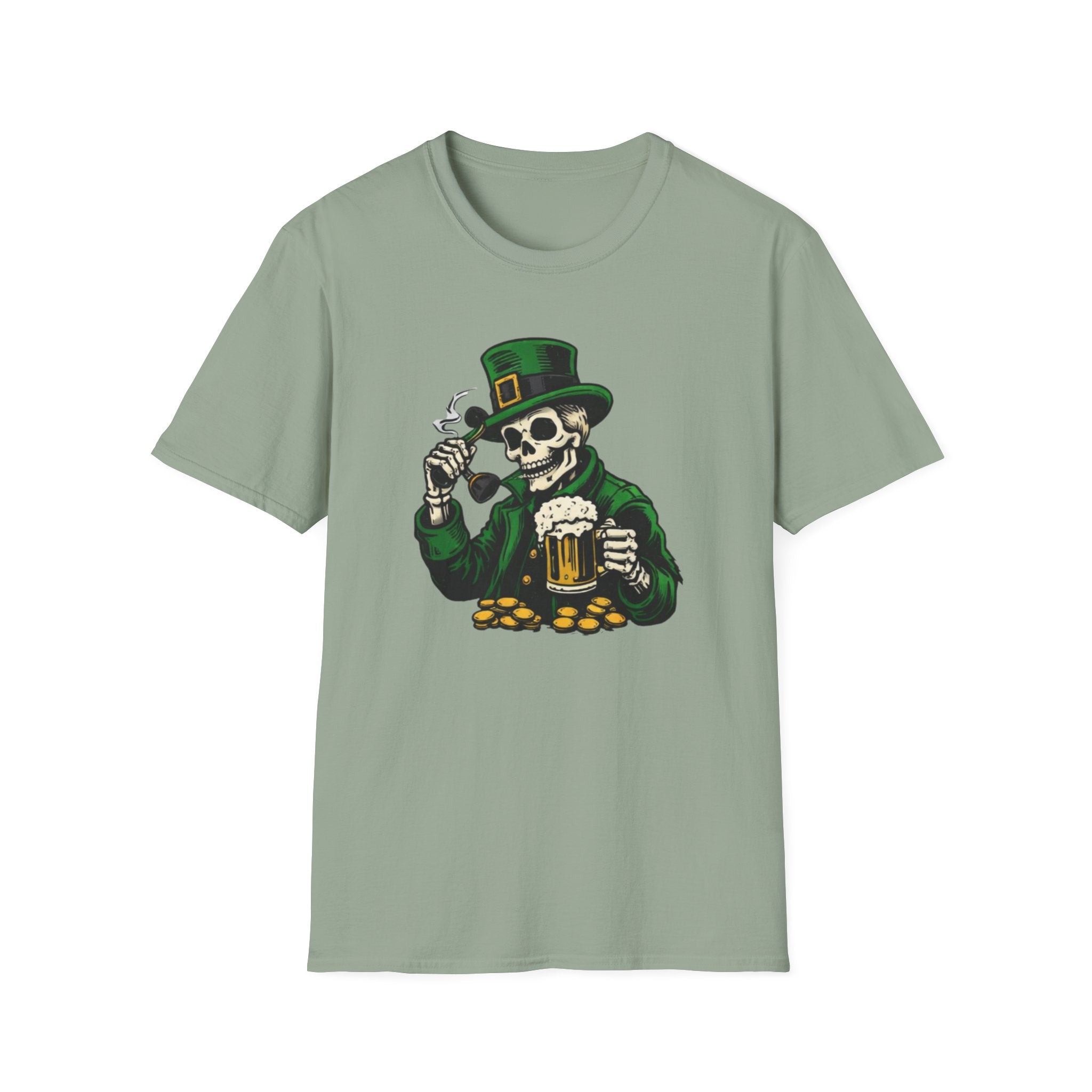 St. Patrick’s Day Skeleton Leprechaun T-Shirt — Funny Beer, Coins & Pipe Graphic Tee — Irish Skull Party Shirt