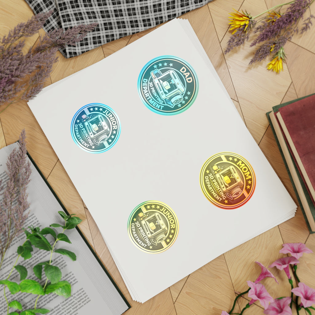 3D Printing Department Sticker Sheet, Sticker Set | Dad Mom Junior Holographic Badges