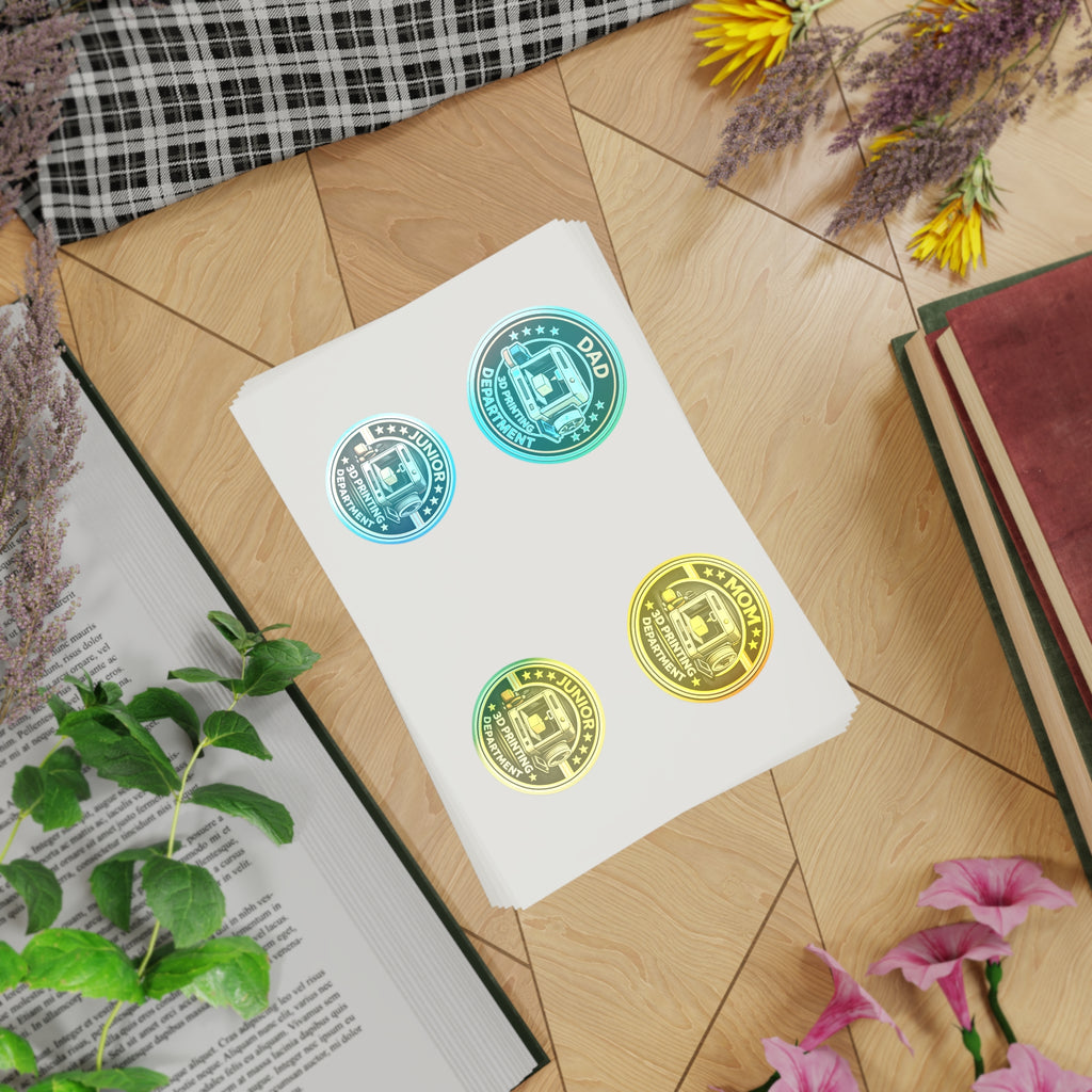 3D Printing Department Sticker Sheet, Sticker Set | Dad Mom Junior Holographic Badges