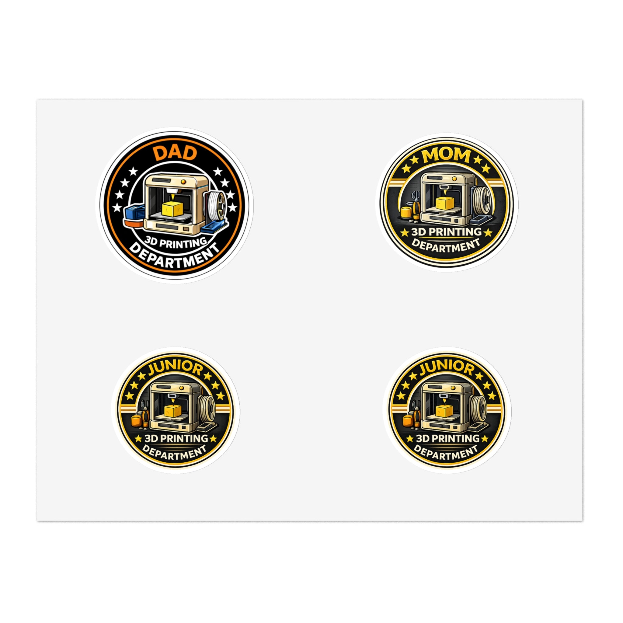 3D Printing Department Sticker Sheet, Sticker Set | Dad Mom Junior Holographic Badges