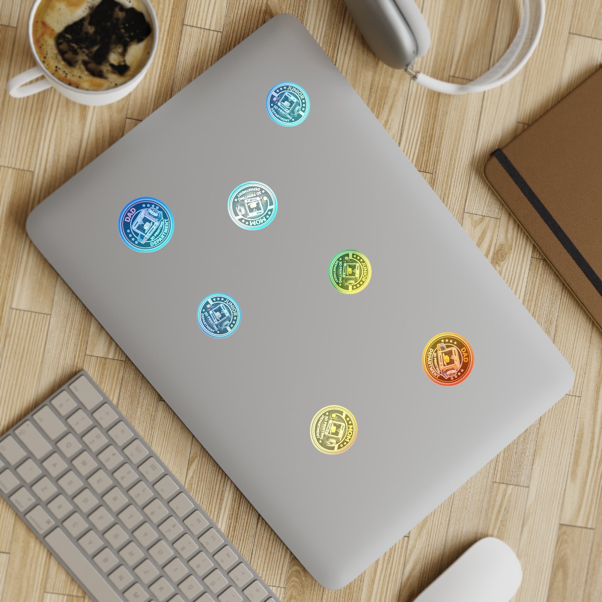 3D Printing Department Sticker Sheet, Sticker Set | Dad Mom Junior Holographic Badges