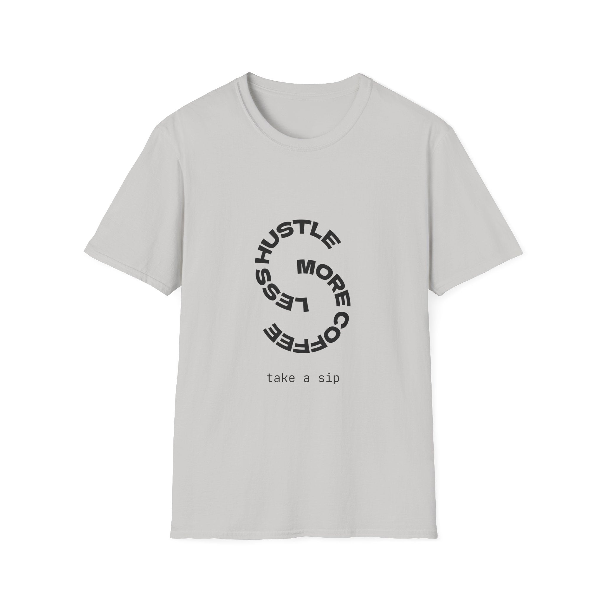 Hustle More Coffee Less tee | Minimal Spiral Coffee Graphic Shirt