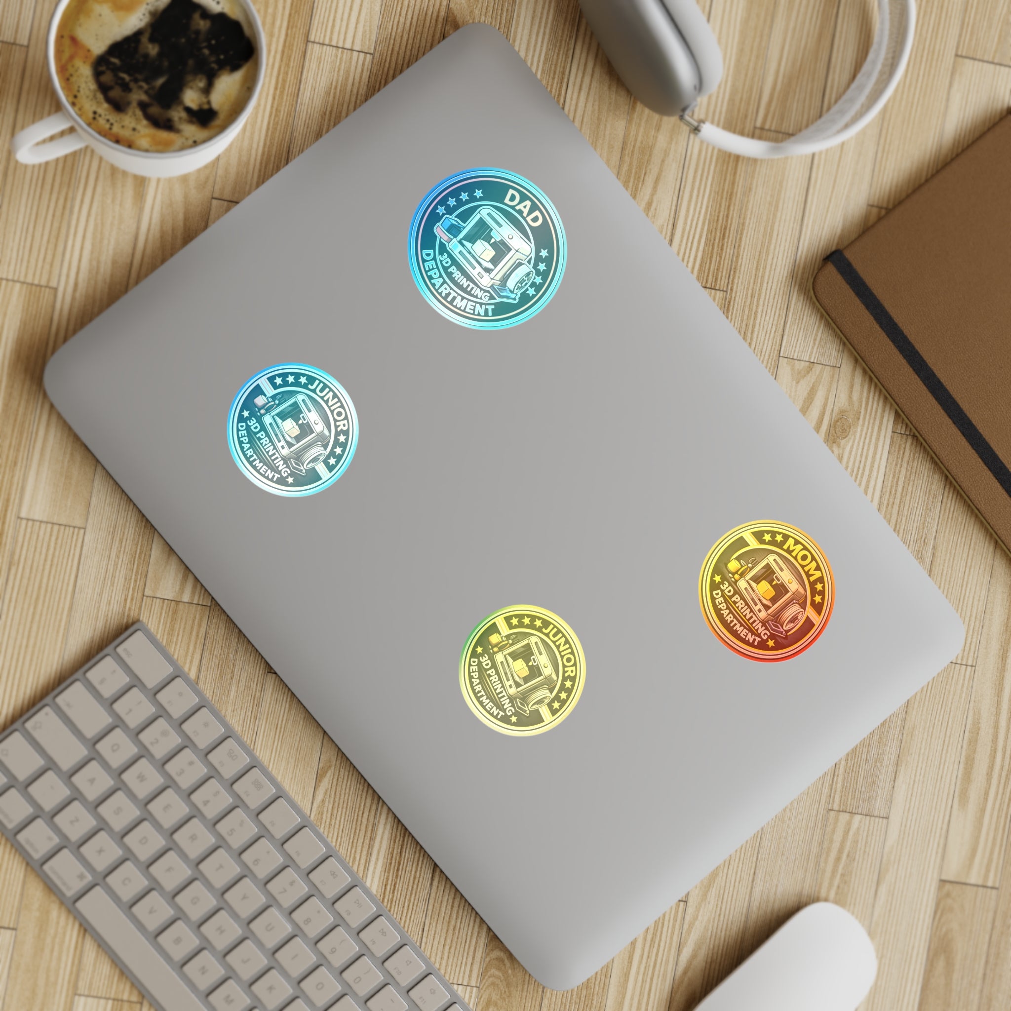 3D Printing Department Sticker Sheet, Sticker Set | Dad Mom Junior Holographic Badges