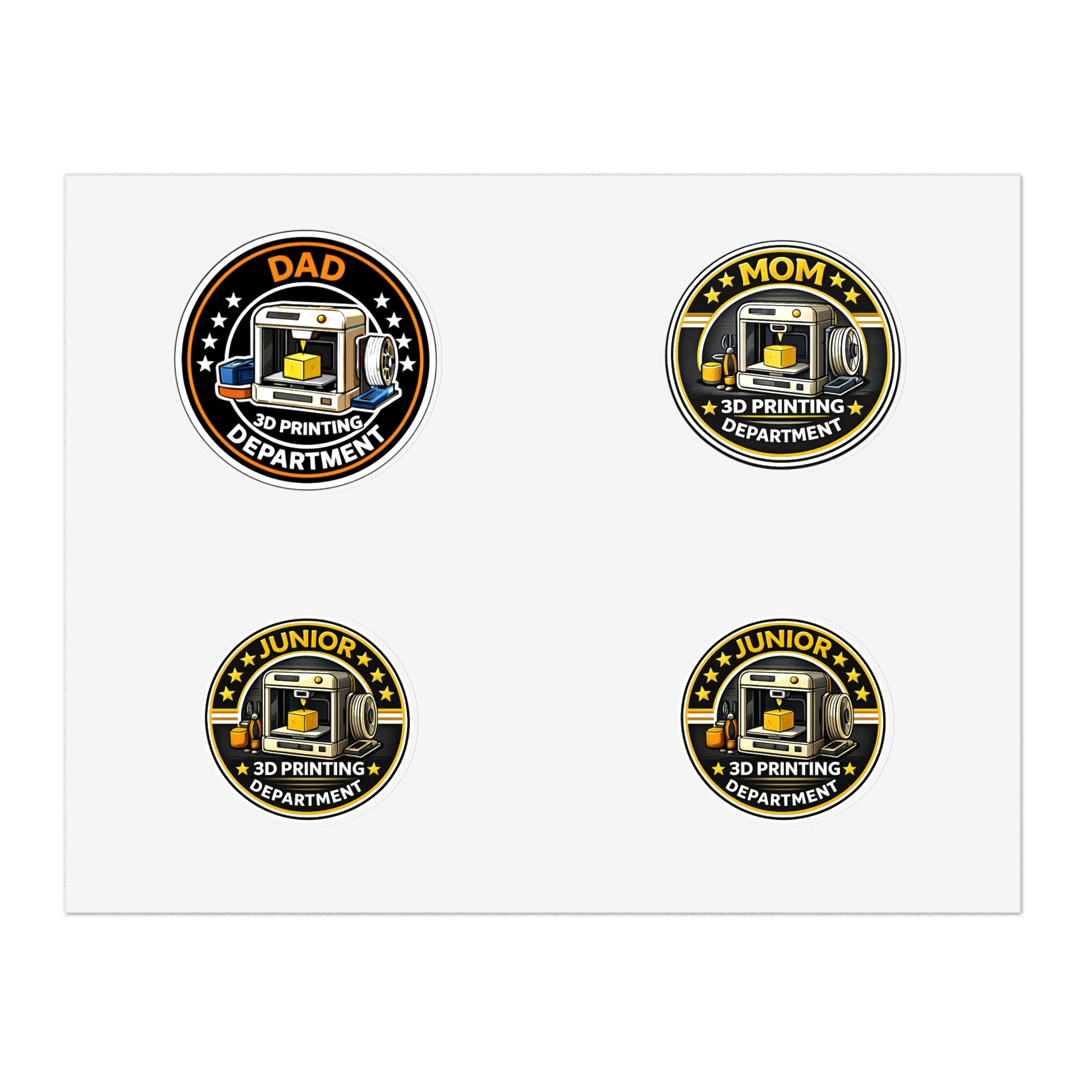 3D Printing Department Sticker Sheet, Sticker Set | Dad Mom Junior Holographic Badges