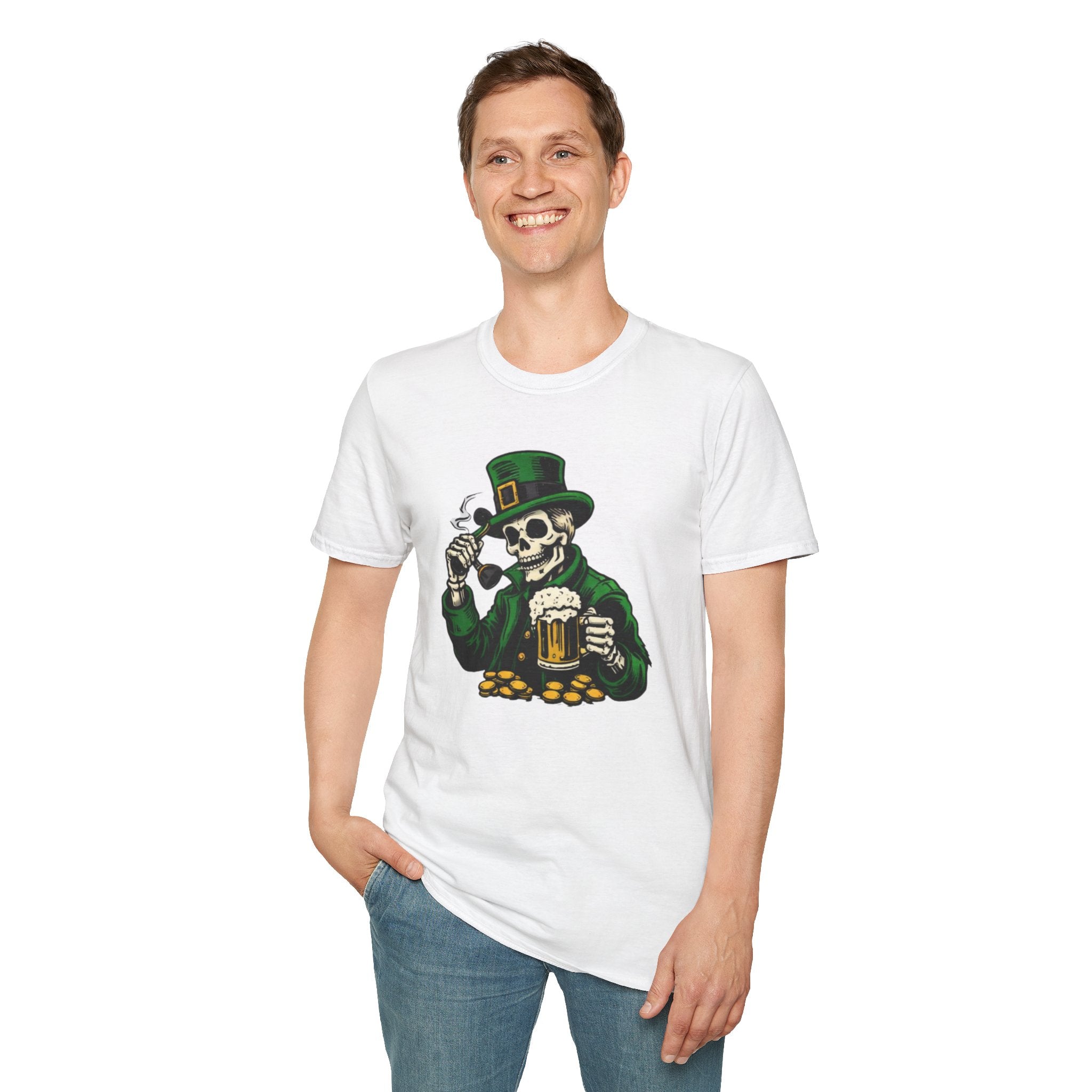 St. Patrick’s Day Skeleton Leprechaun T-Shirt — Funny Beer, Coins & Pipe Graphic Tee — Irish Skull Party Shirt