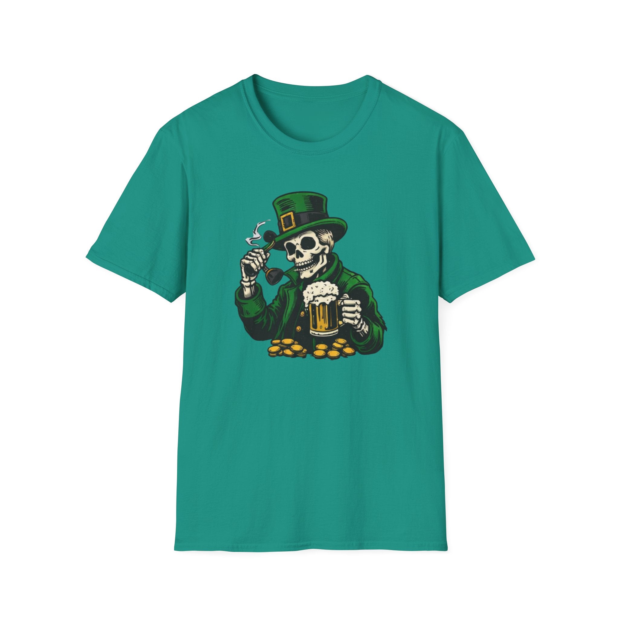 St. Patrick’s Day Skeleton Leprechaun T-Shirt — Funny Beer, Coins & Pipe Graphic Tee — Irish Skull Party Shirt
