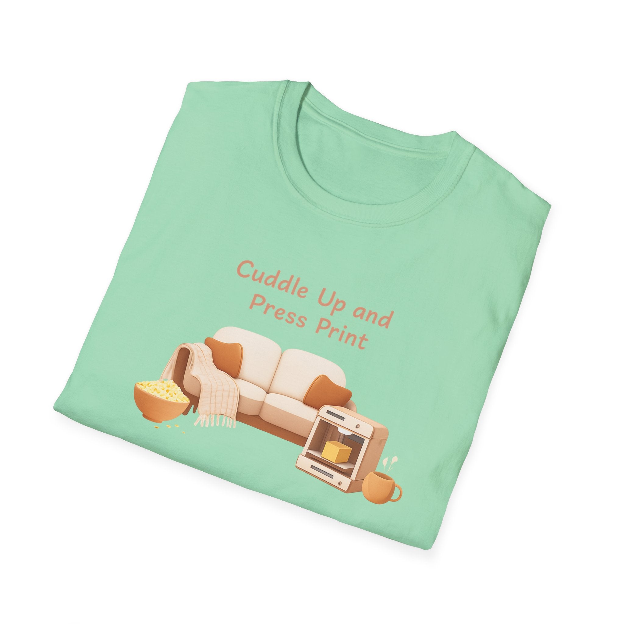 Cuddle Up and Press Print Tee | cozy night art, hygge vibes