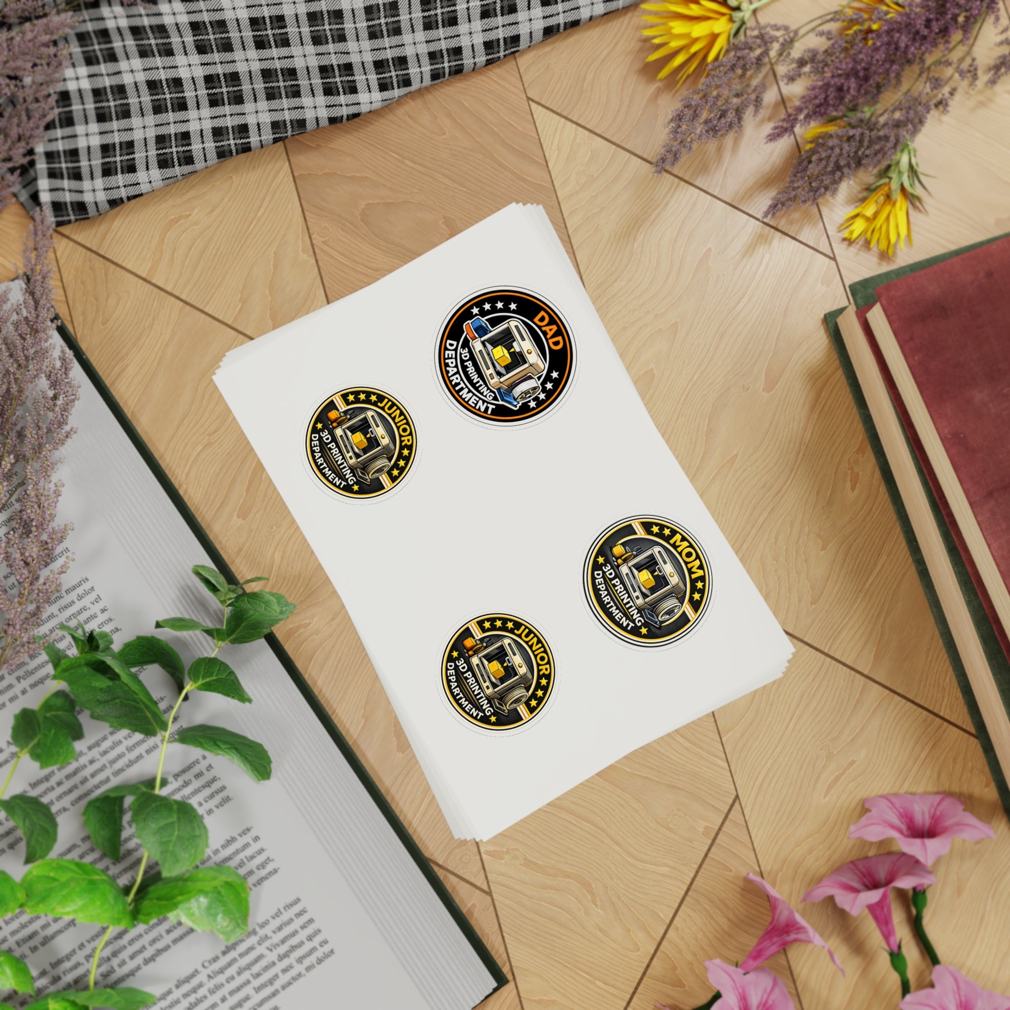 3D Printing Department Sticker Sheet, Sticker Set | Dad Mom Junior Holographic Badges