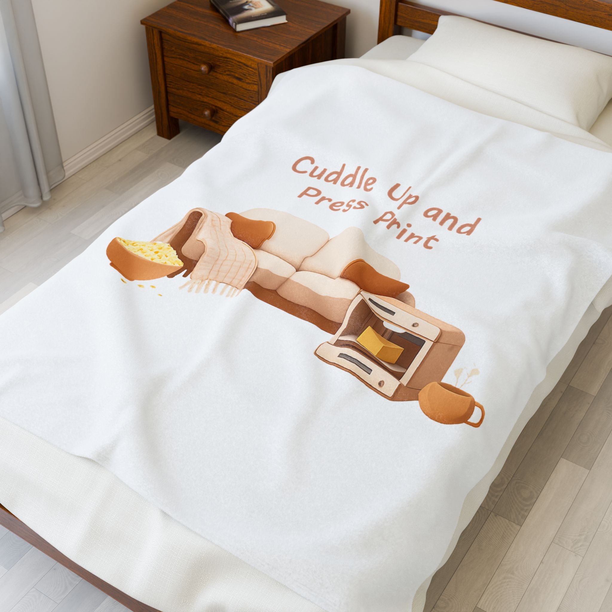Cuddle Up and Press Print Velvet Throw Blanket | cozy night art, hygge vibes