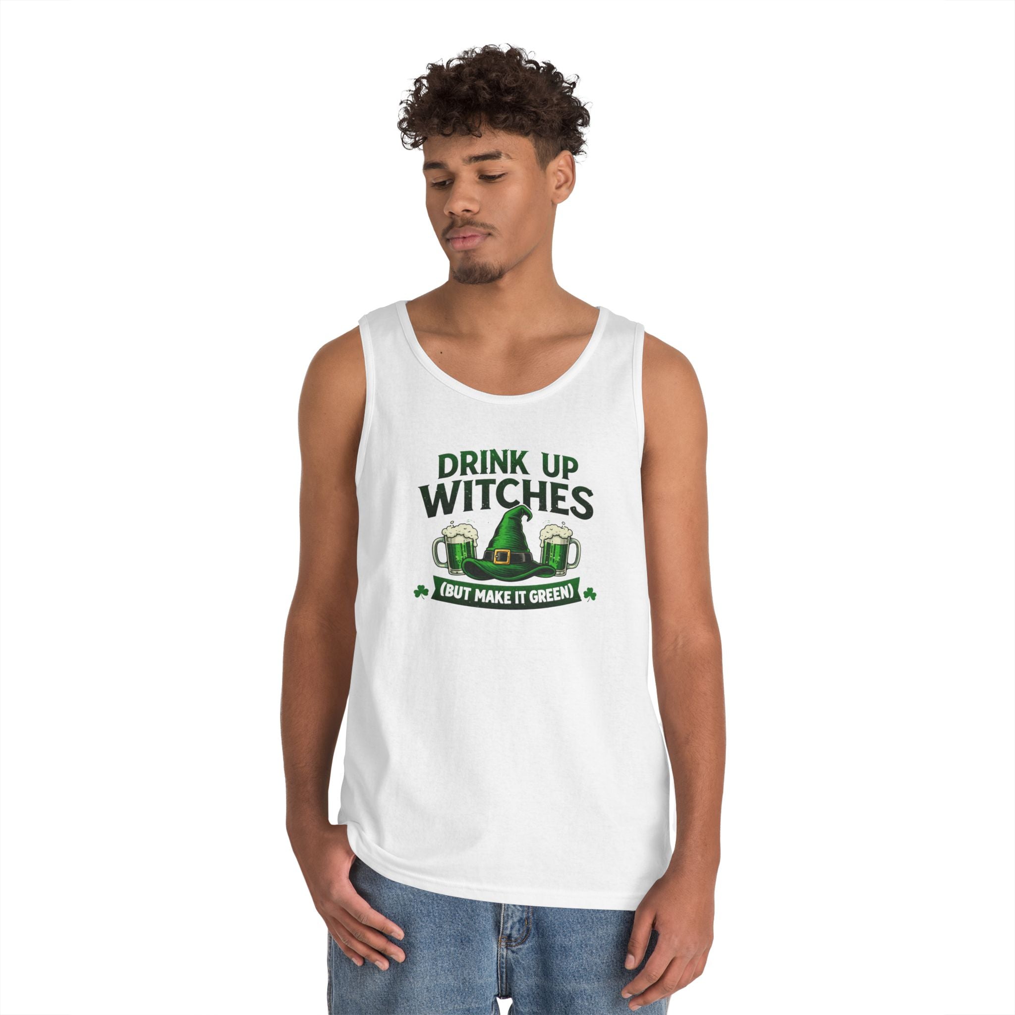 Drink Up Witches St. Patrick's Day Tank Top | Funny Green Potion Witchy Graphic | Lucky Clover Sleeveless Tee