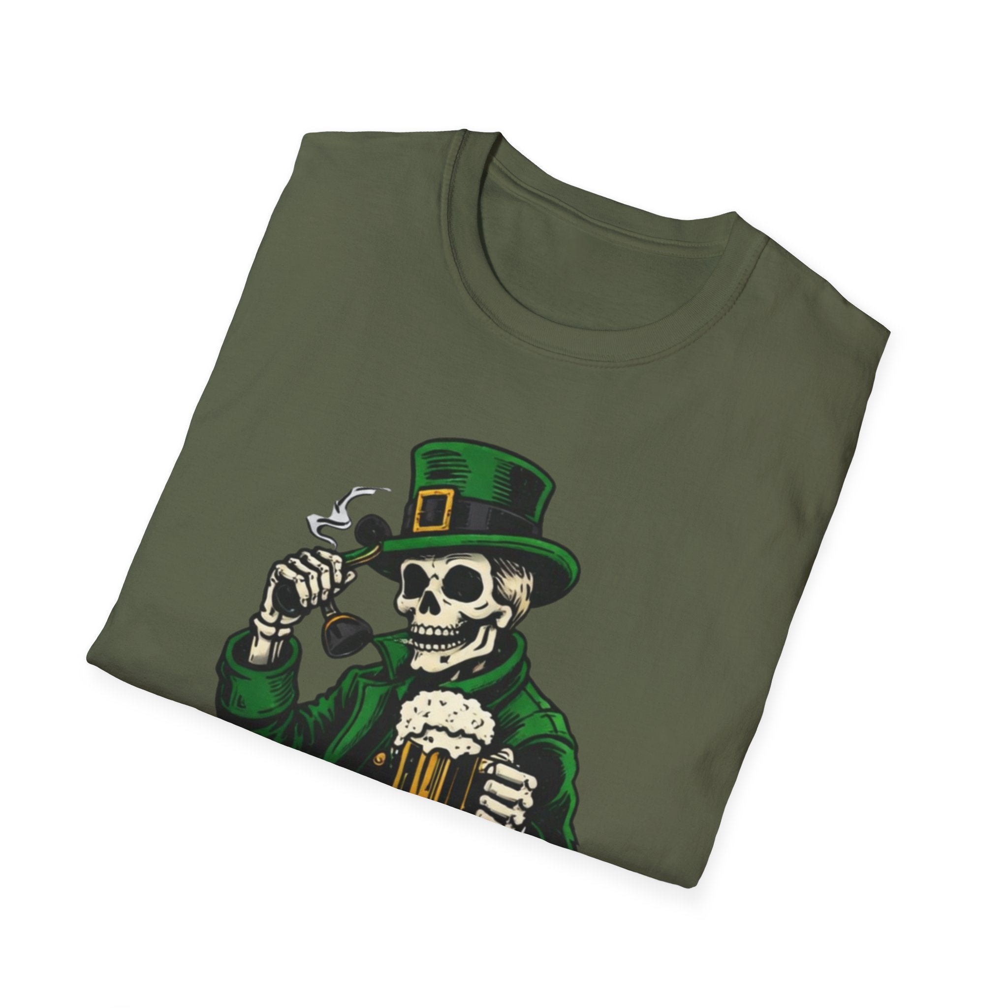 St. Patrick’s Day Skeleton Leprechaun T-Shirt — Funny Beer, Coins & Pipe Graphic Tee — Irish Skull Party Shirt