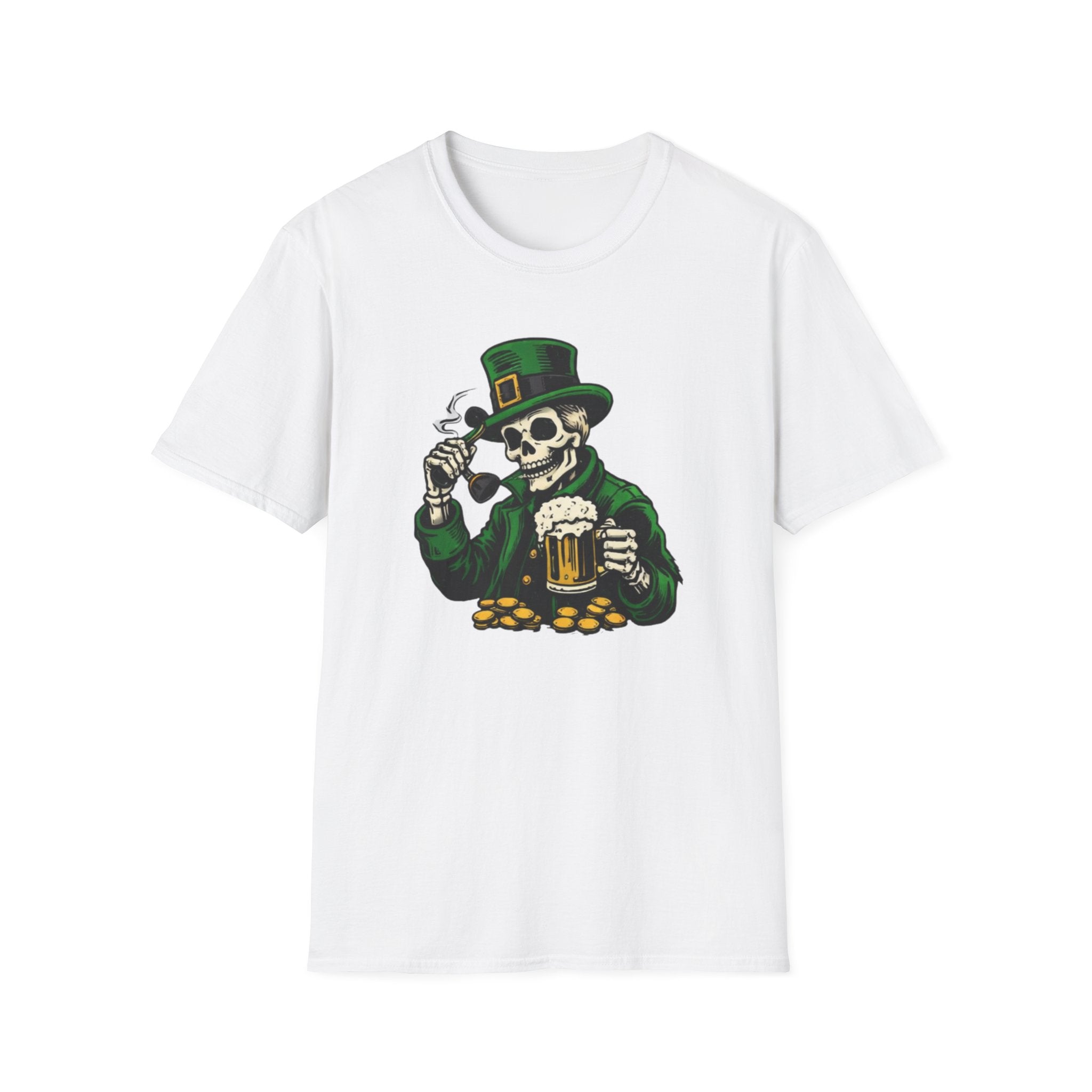 St. Patrick’s Day Skeleton Leprechaun T-Shirt — Funny Beer, Coins & Pipe Graphic Tee — Irish Skull Party Shirt