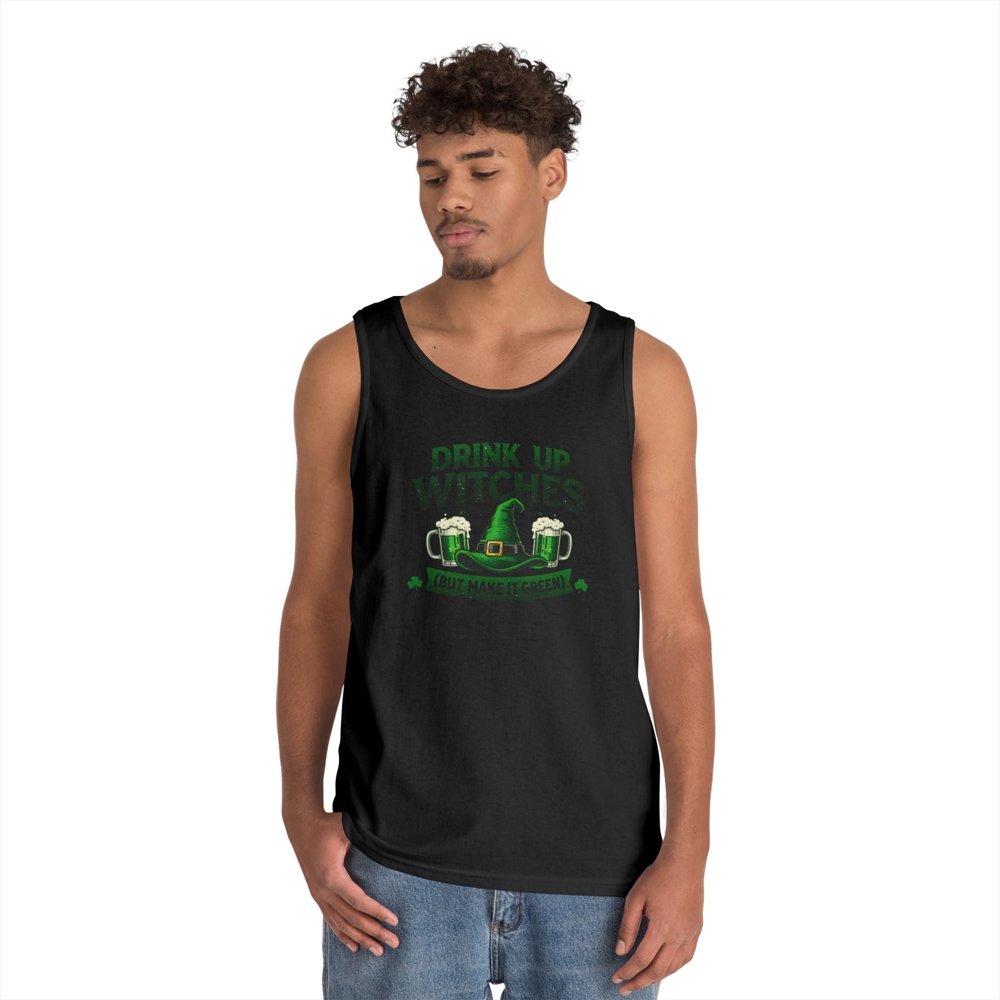 Drink Up Witches St. Patrick's Day Tank Top | Funny Green Potion Witchy Graphic | Lucky Clover Sleeveless Tee