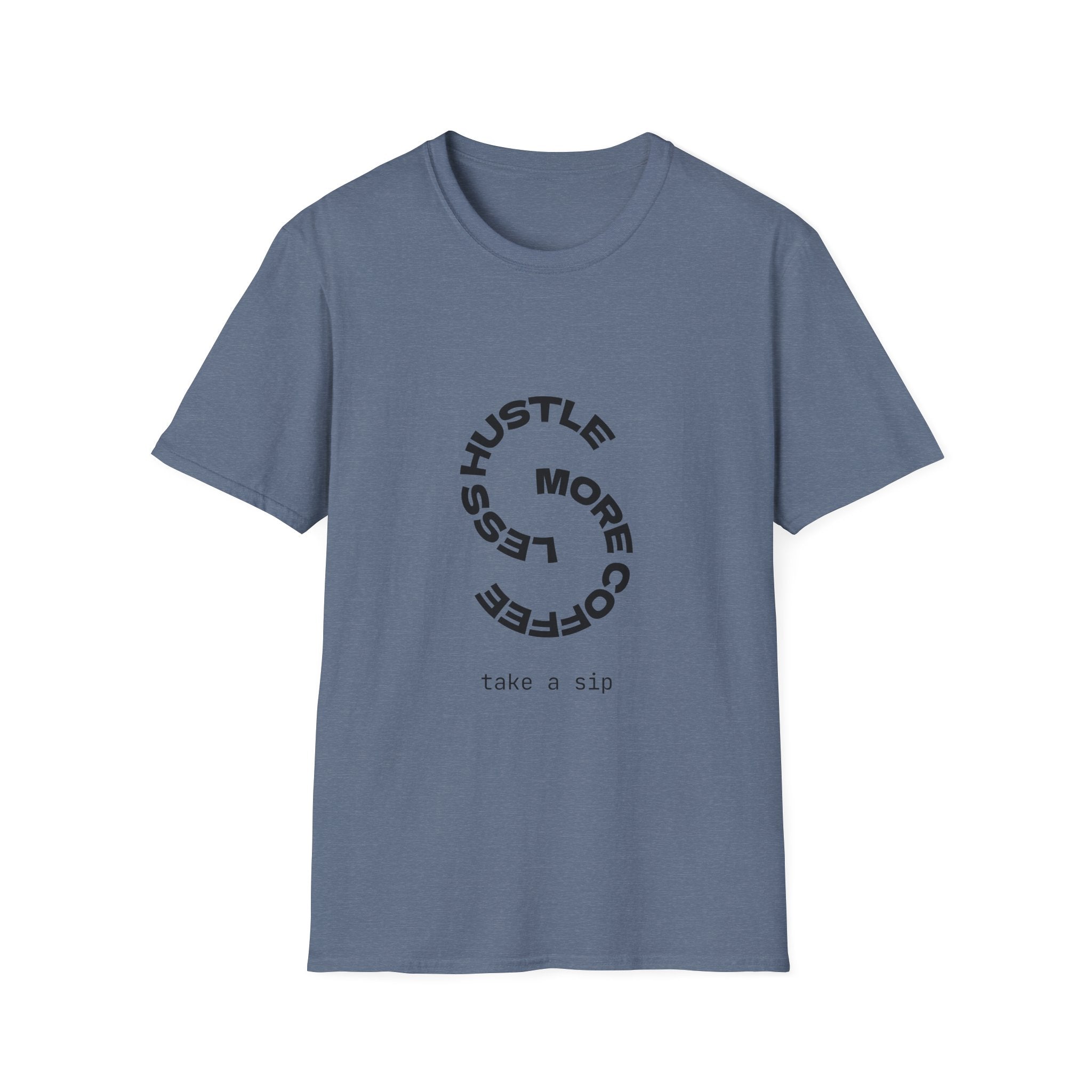 Hustle More Coffee Less tee | Minimal Spiral Coffee Graphic Shirt