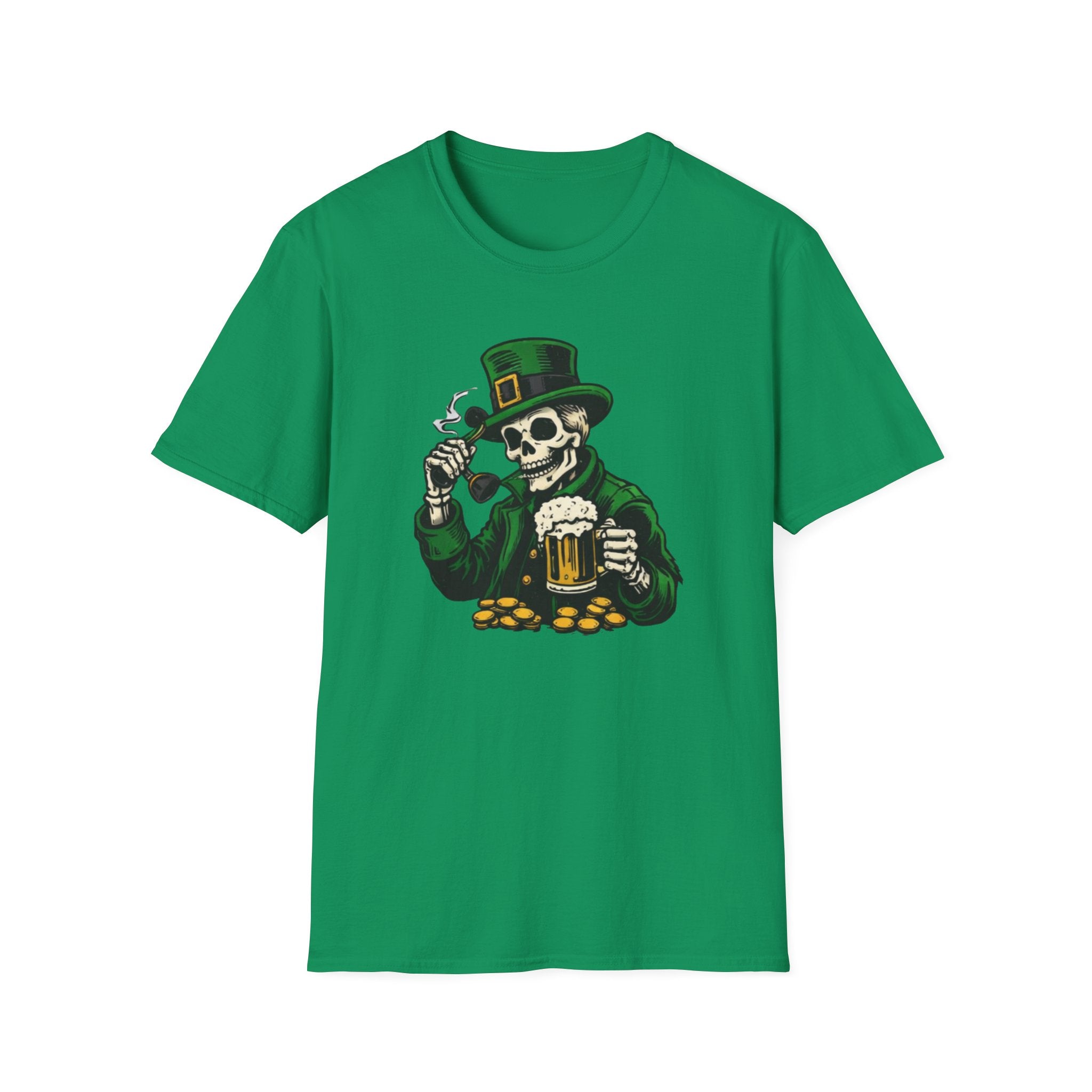St. Patrick’s Day Skeleton Leprechaun T-Shirt — Funny Beer, Coins & Pipe Graphic Tee — Irish Skull Party Shirt