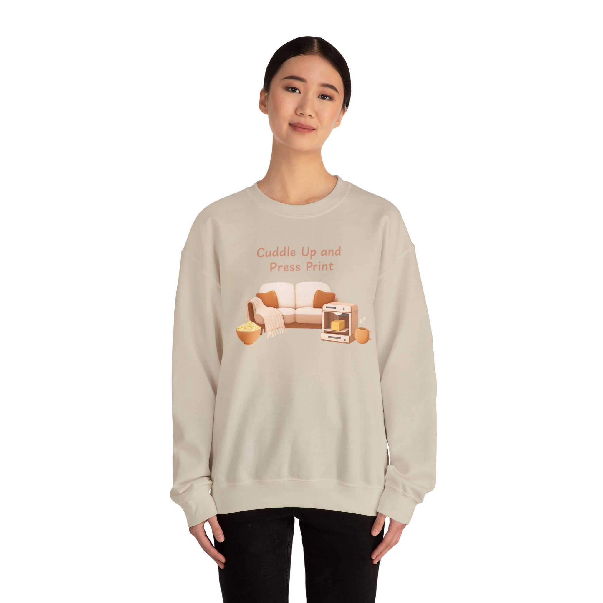 Cuddle Up and Press Print Sweatshirt | cozy night art, hygge vibes