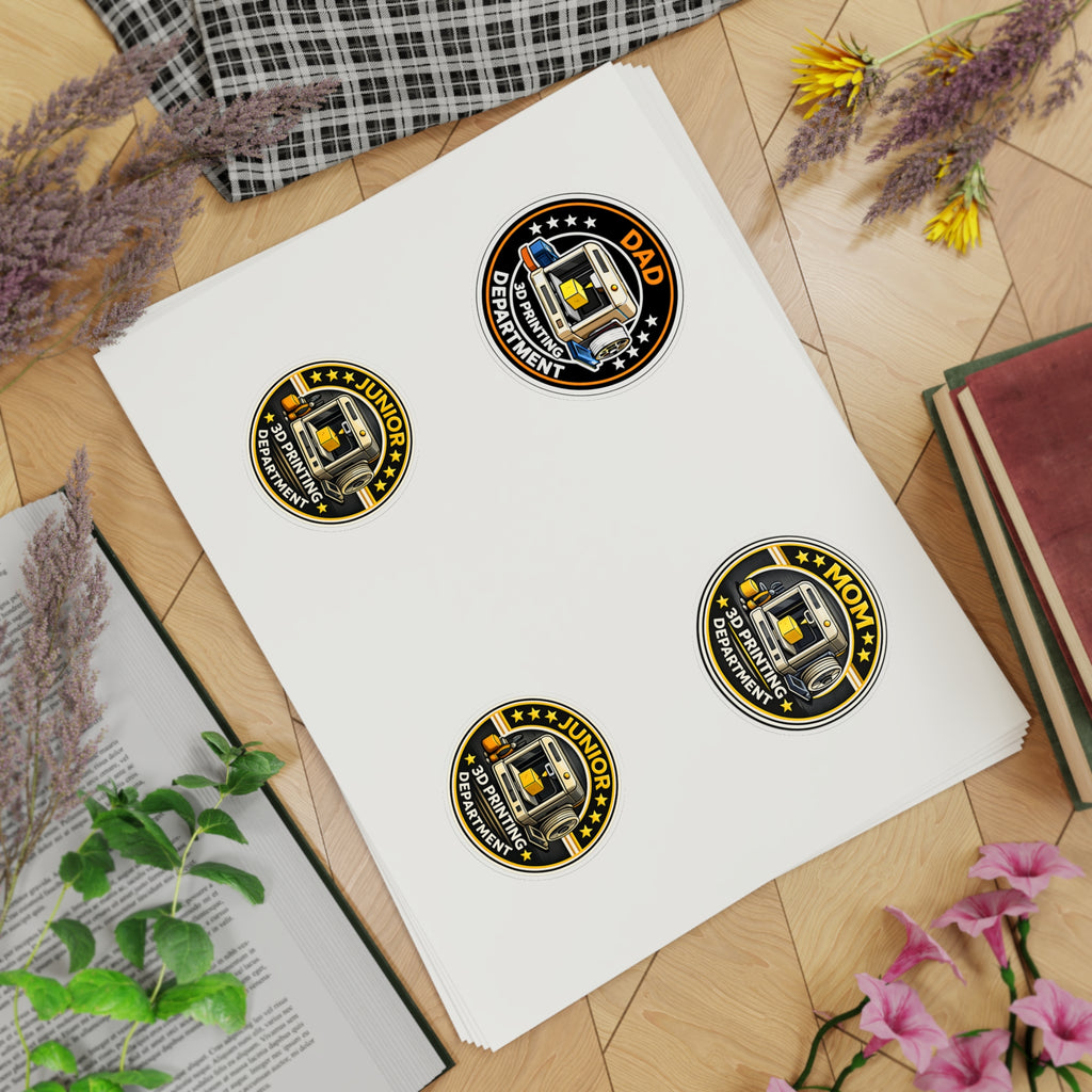 3D Printing Department Sticker Sheet, Sticker Set | Dad Mom Junior Holographic Badges