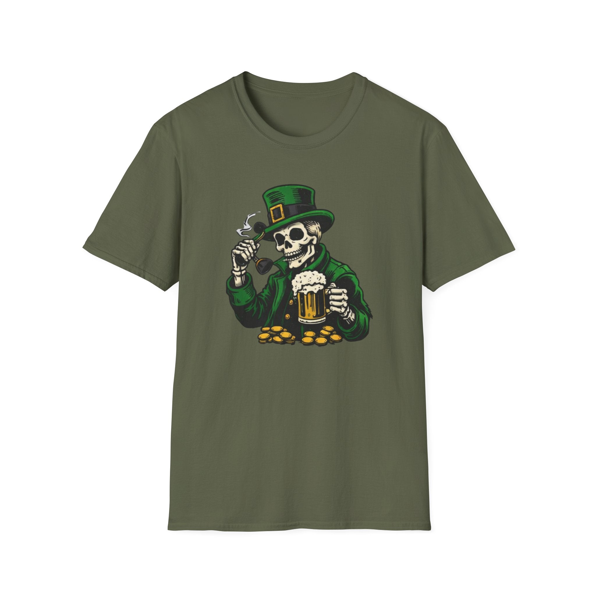 St. Patrick’s Day Skeleton Leprechaun T-Shirt — Funny Beer, Coins & Pipe Graphic Tee — Irish Skull Party Shirt