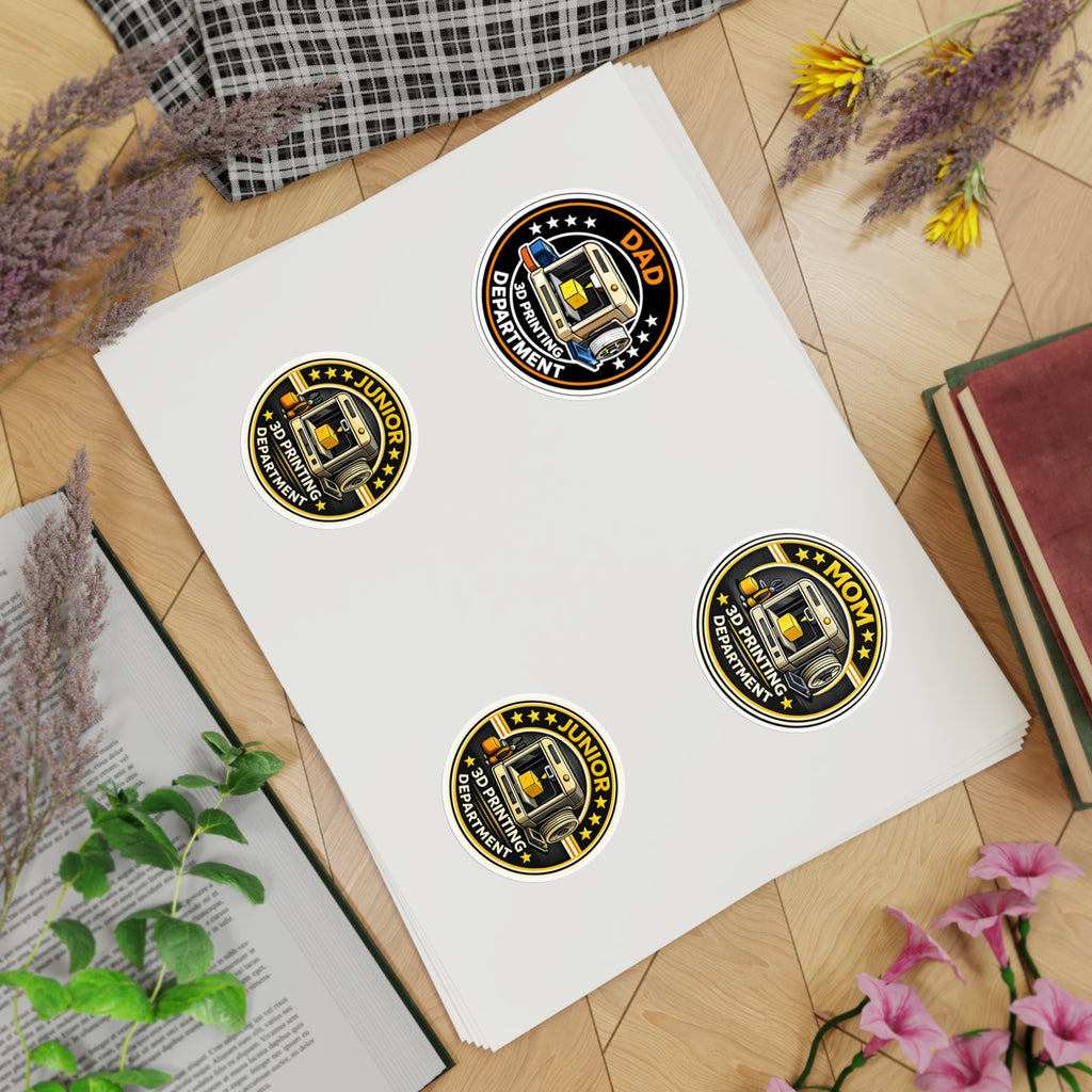 3D Printing Department Sticker Sheet, Sticker Set | Dad Mom Junior Holographic Badges