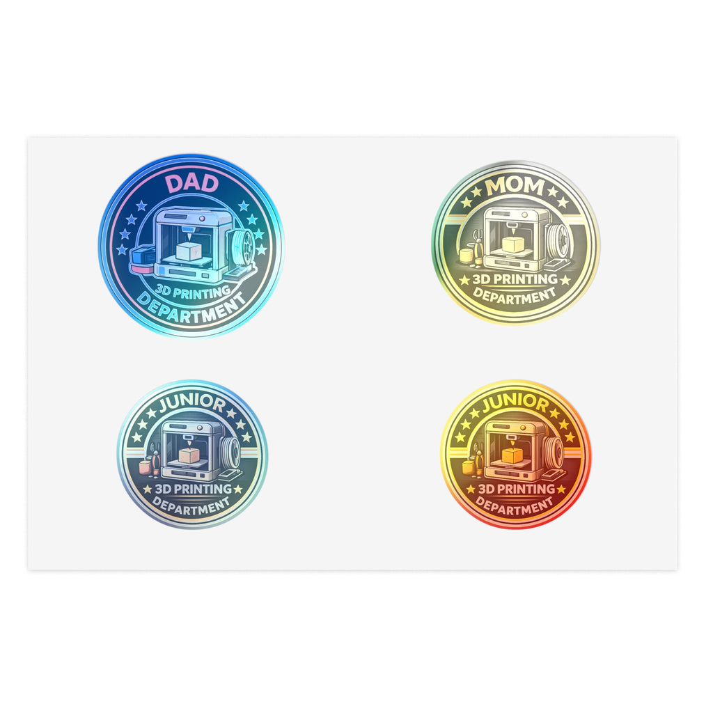 3D Printing Department Sticker Sheet, Sticker Set | Dad Mom Junior Holographic Badges
