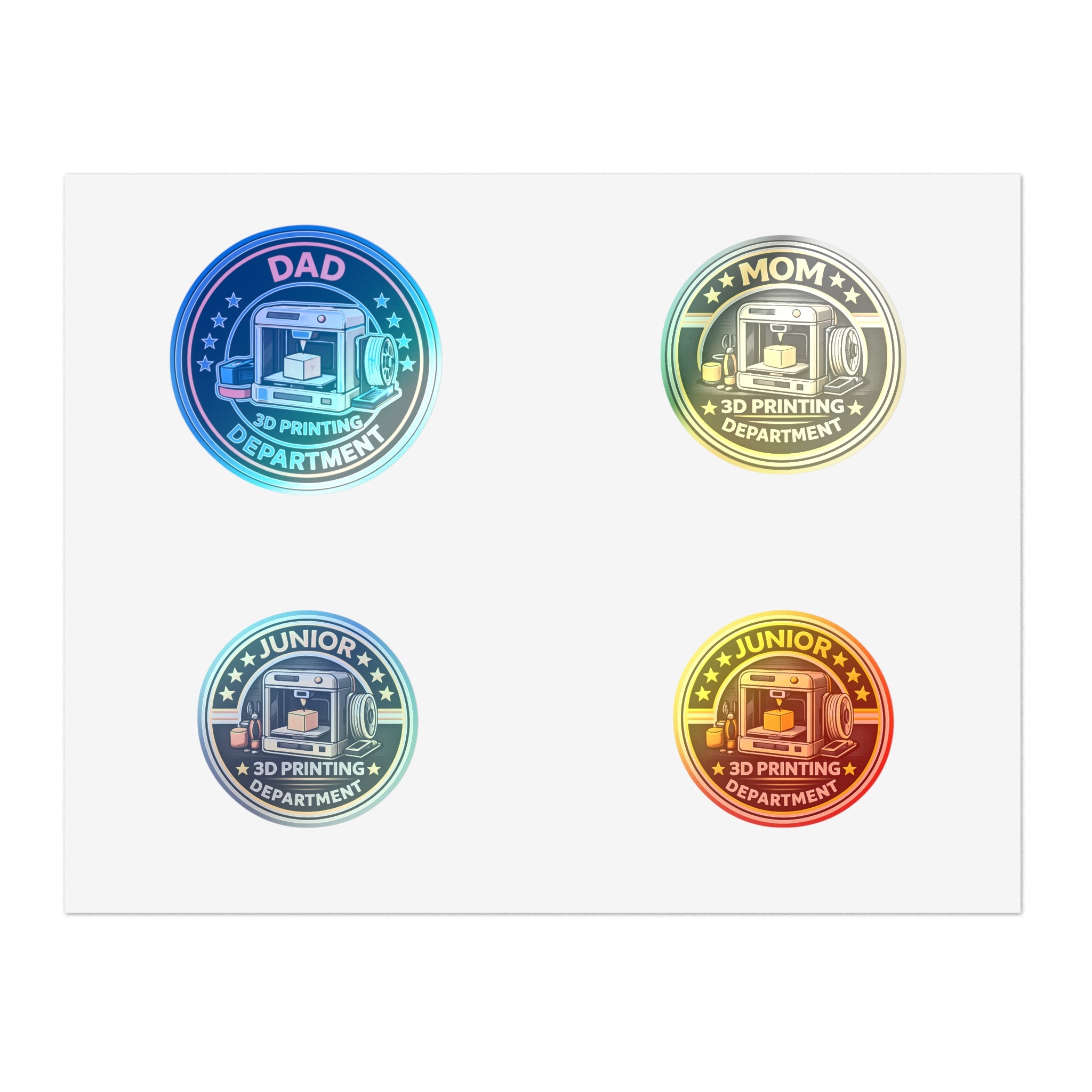 3D Printing Department Sticker Sheet, Sticker Set | Dad Mom Junior Holographic Badges